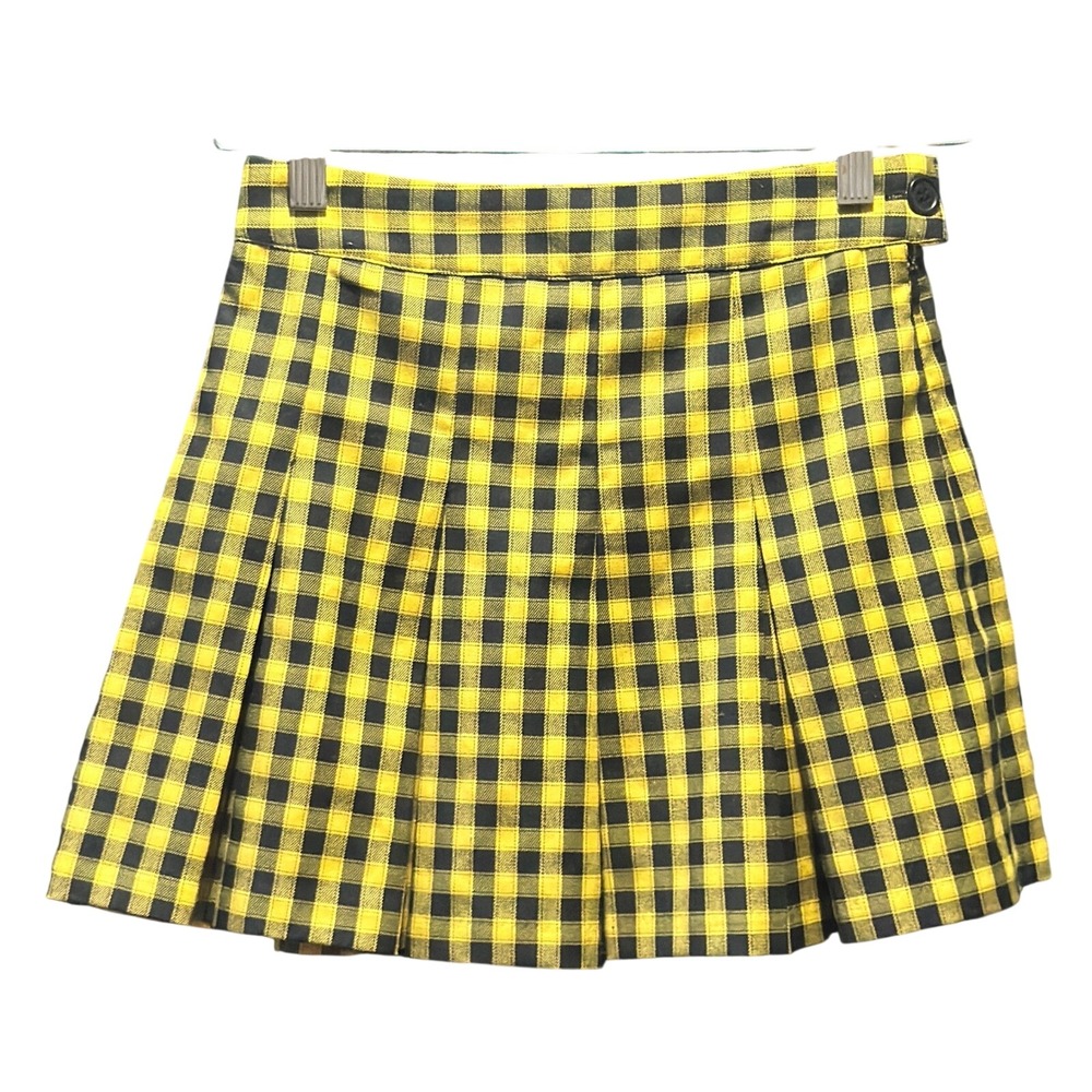 Size 0 - H&M Yellow Black Plaid Pleated Mini Skirt High Waisted Gingham Check